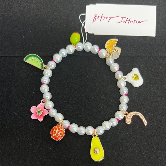 Betsey Johnson | White Pearl Necklace & Bracelet w/Charms 🥑🍉🌸🍊🫒 - Picture 7 of 9